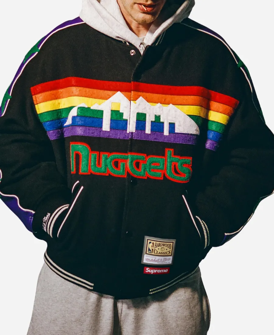 Supreme x Mitchell & Ness Denver Nuggets Varsity Jacket Supreme x Mitchell & Ness Denver Nuggets Black Varsity Jacket