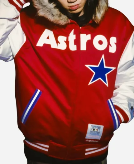 Supreme x Mitchell & Ness SS26 Houston Astros Satin Hooded Varsity Jacket