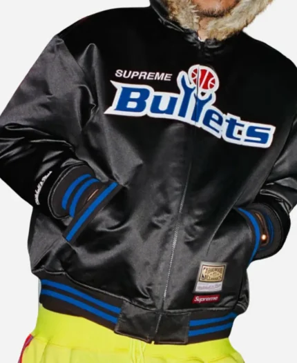 Supreme x Mitchell & Ness Washington Bullets Black Satin Hooded Varsity Jacket