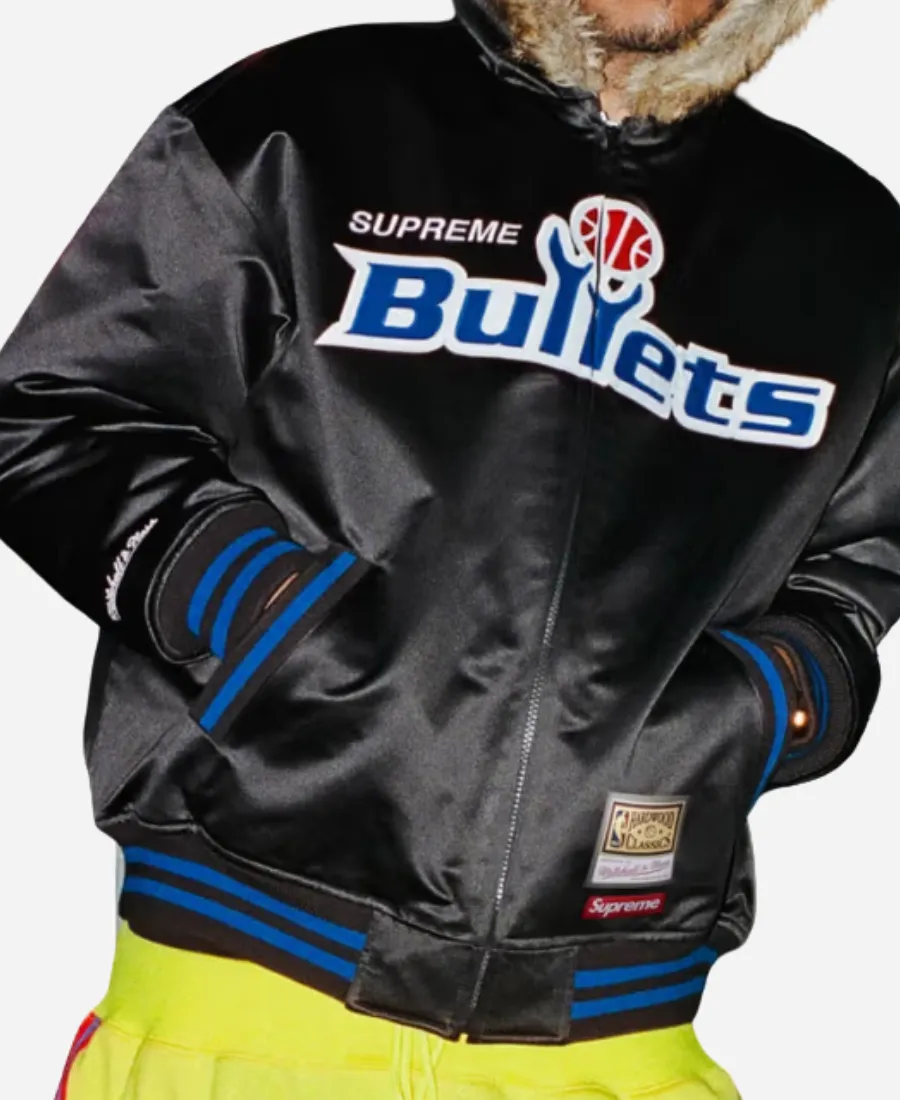 Supreme x Mitchell & Ness Washington Bullets Black Varsity Jacket Supreme x Mitchell & Ness Washington Bullets Black Satin Hooded Varsity Jacket