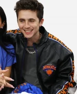 Cavaliers vs Knicks Timothee Chalamet Knicks Black Leather Jacket