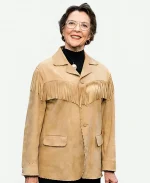 Annette Bening Dutton Ranch 2026 Premiere Night NYC Beige Fringe Suede Leather Jacket