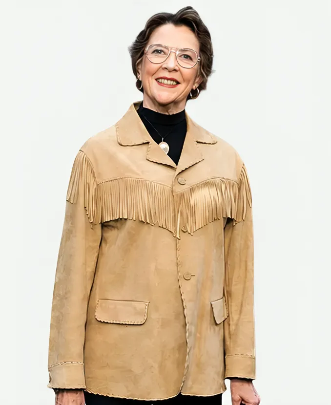 Annette Bening Dutton Ranch Premiere Fringe Jacket Annette Bening Dutton Ranch 2026 Premiere Night NYC Beige Fringe Suede Leather Jacket