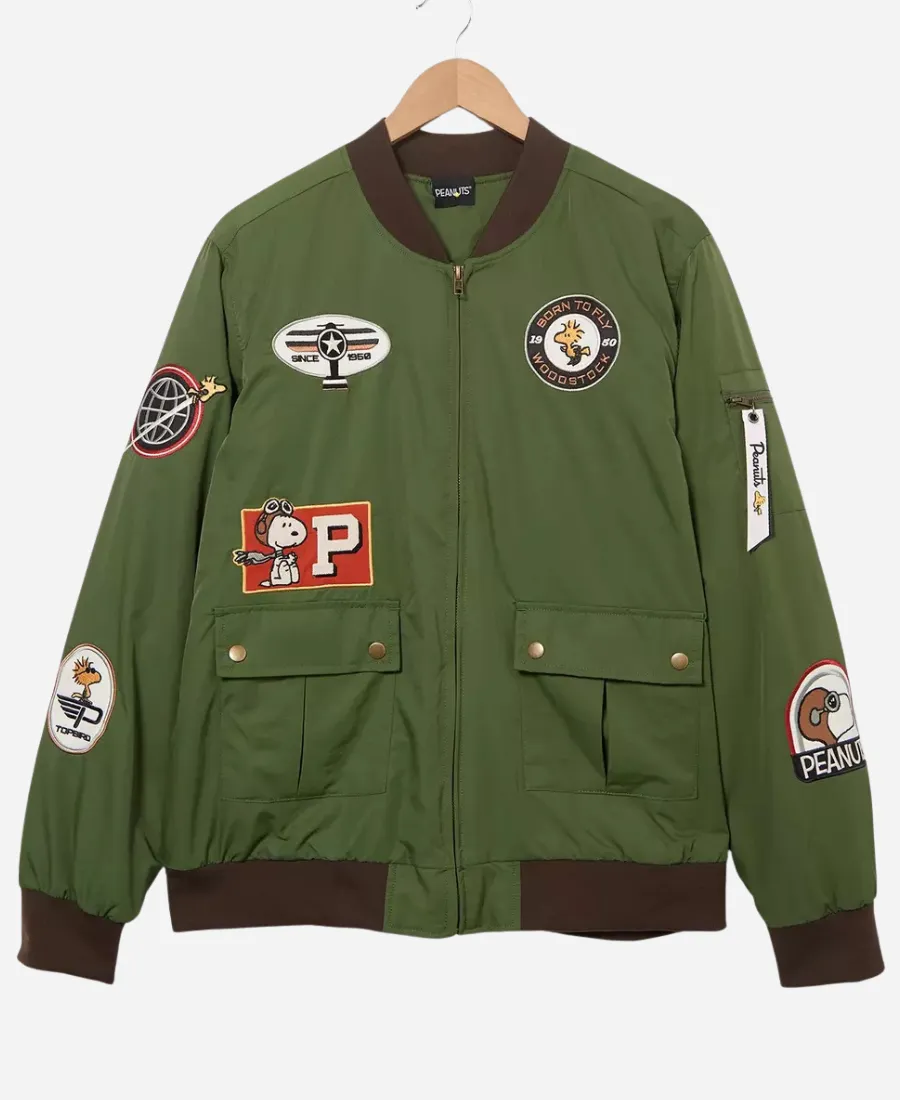 BoxLunch Peanuts Snoopy Flying Ace Bomber Jacket Unisex BoxLunch Peanuts Snoopy Flying Ace Green Bomber Jacket
