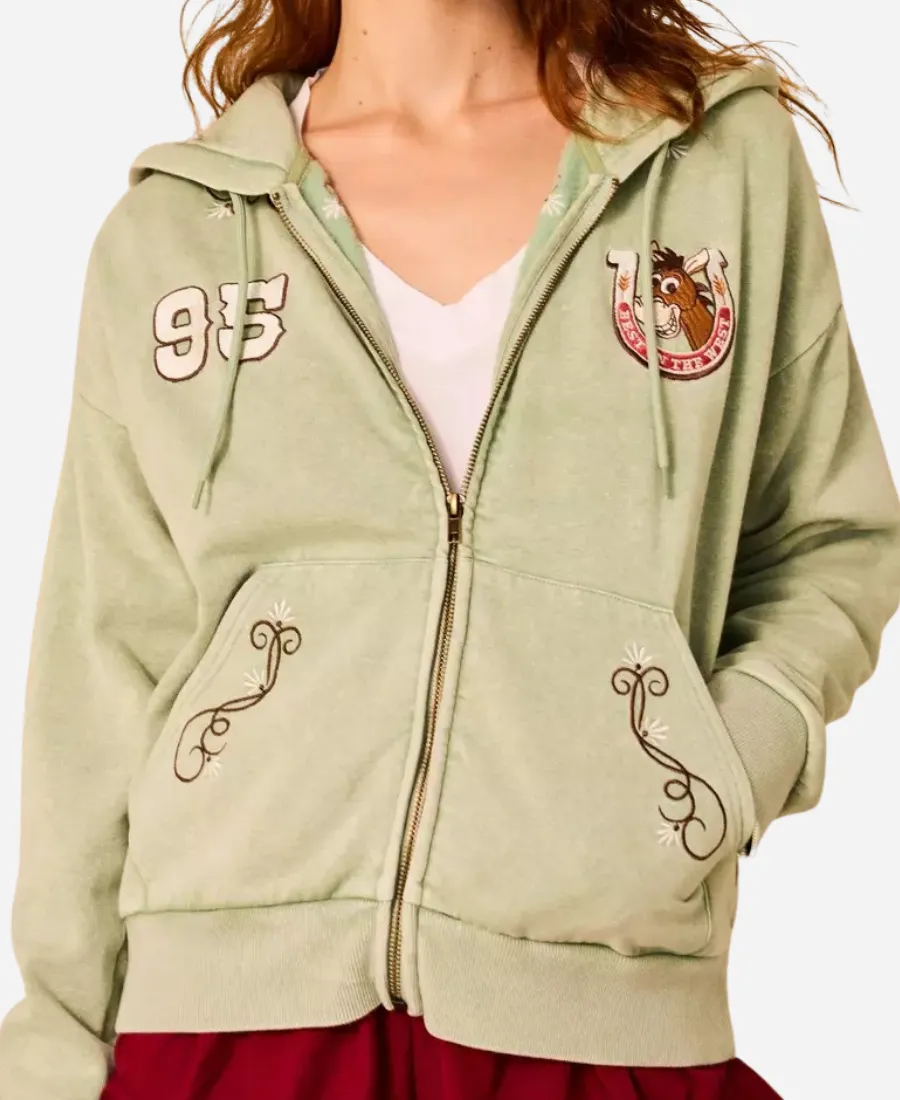 BoxLunch Toy Story 5 Woody & Bullseye Cropped Hooded Jacket BoxLunch Toy Story 5 Woody & Bullseye Green Cropped Full-Zip Embroidered Hoodie