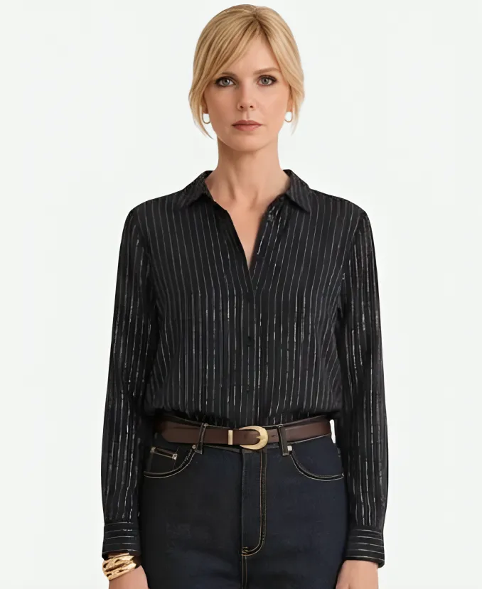 Dutton Ranch S01 Beth Dutton Striped Shirt Dutton Ranch S01 Kelly Reilly Black Striped Shirt