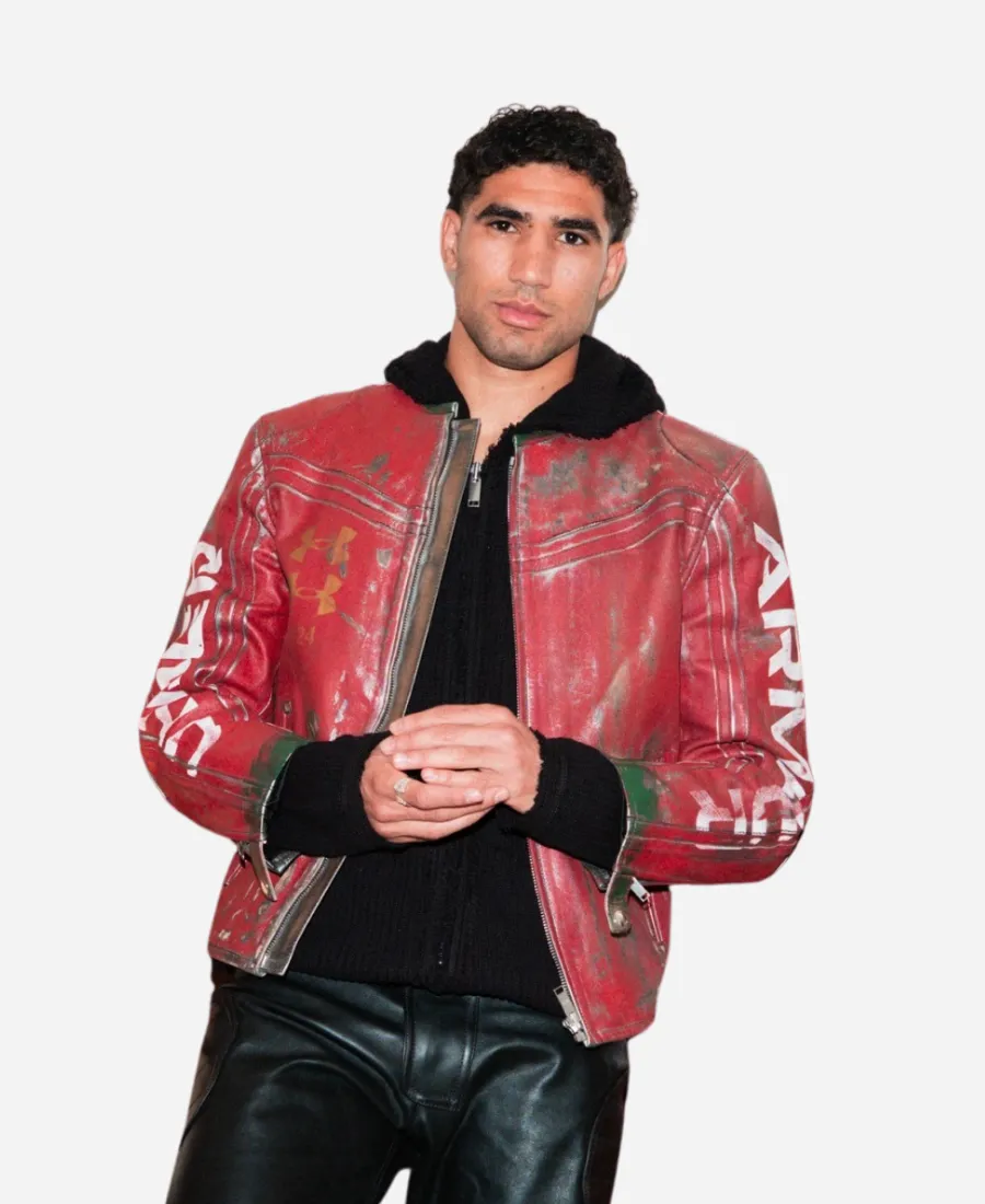 FIFA World Cup 2026 Under Armour x 424 Achraf Hakimi Red Distressed Leather Jacket Achraf Hakimi Red Distressed Leather Jacket