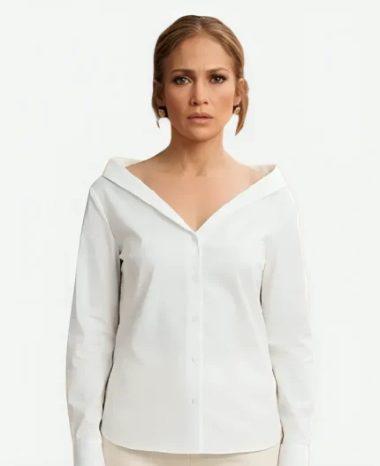 Jennifer Lopez Office Romance 2026 Off Shoulder White Shirt