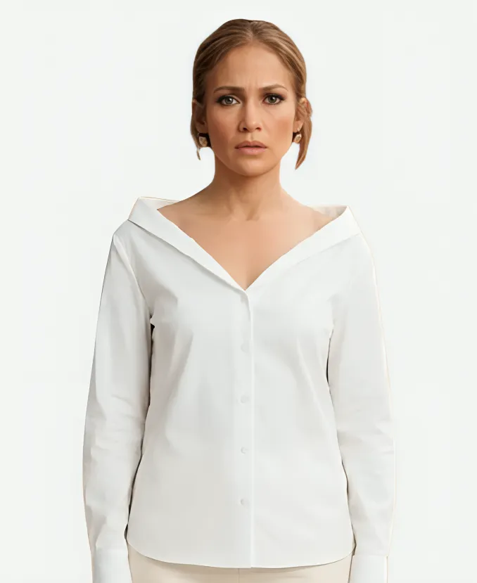 Jennifer Lopez Movie Office Romance 2026 Jackie Cruz Off Shoulder White Shirt Jennifer Lopez Office Romance 2026 Off Shoulder White Shirt