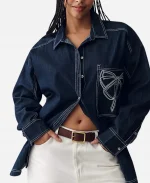 Jessica Harris Beyond the Gates S02 Camryn Jade Blue Bow Denim Shirt