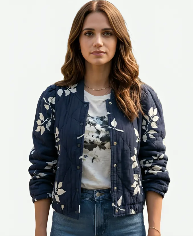 The Love Heist 2026 Lyndsy Fonseca Blue Floral Jacket Lyndsy Fonseca Floral Jacket