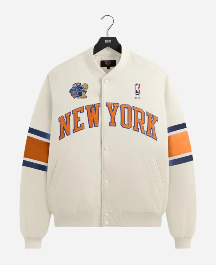 Kith for Knicks 2026 Champions Satin Bomber Jacket Kith for New York Knicks 2026 NBA Finals Champions Cream Satin Bomber Jacket