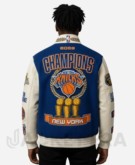JH Design New York Knicks 2026 NBA Champions Wool & Leather Varsity Jacket