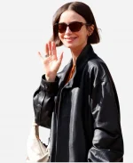 Paris 2026 French Open Lily Collins Black Oversized Leather Jacket