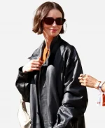 Paris 2026 French Open Lily Collins Black Oversized Leather Jacket
