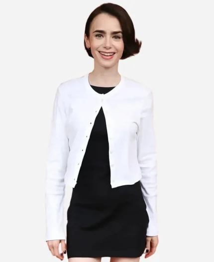 2026 French Open Tennis Championships Lily Collins White Cropped Cardigan