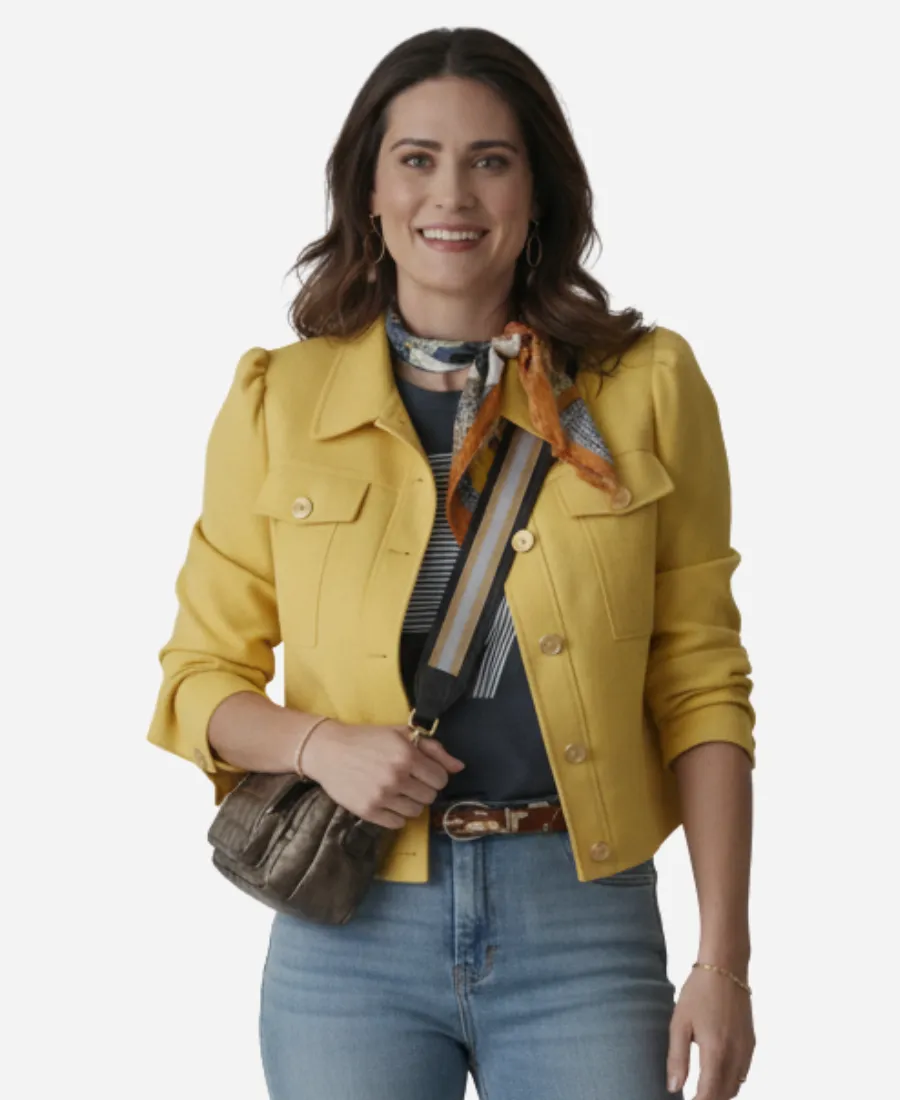 Lyndsy Fonseca The Love Heist 2026 Yellow Jacket Kayli Movie The Love Heist 2026 Lyndsy Fonseca Yellow Cropped Jacket