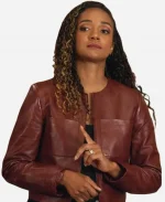 Mekia Cox Collarless Burgundy Leather Jacket