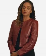 Mekia Cox Collarless Burgundy Leather Jacket