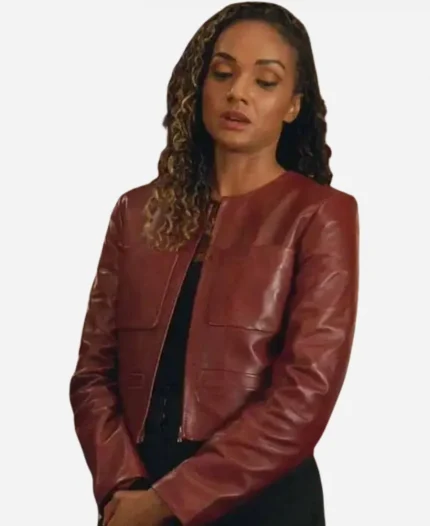 Mekia Cox Collarless Burgundy Leather Jacket