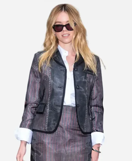 Milly Alcock 2026 NYC Striped Leather Blazer