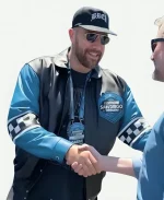NASCAR Bachelor Party Weekend Travis Kelce Blue & Black Leather Jacket