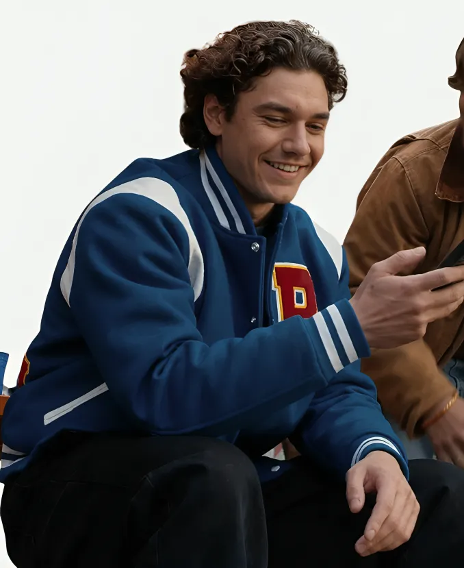 Off Campus S01 Garrett Graham Varsity Jacket Off Campus S01 Belmont Cameli Blue Wool Varsity Jacket