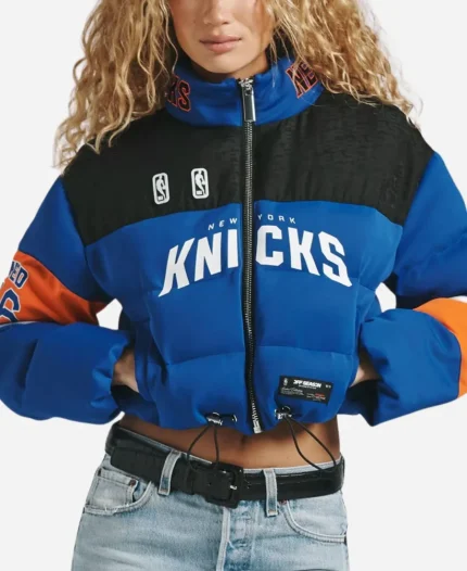 Women's Off Season NBA New York Knicks Blue Cropped Puffer Jacket