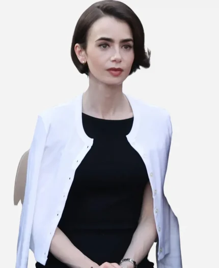 2026 French Open Lily Collins White Cropped Cardigan