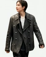 Min Yoon-gi 52nd Annual American Music Awards Suga Wrinkled Black Leather Peacoat