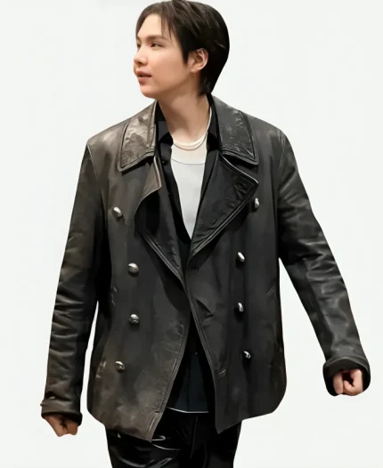 Min Yoon-gi 52nd Annual American Music Awards Suga Wrinkled Black Leather Peacoat