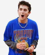 2026 NBA playoffs Cavaliers vs Knicks Timothee Chalamet Knicks Blue T-Shirt