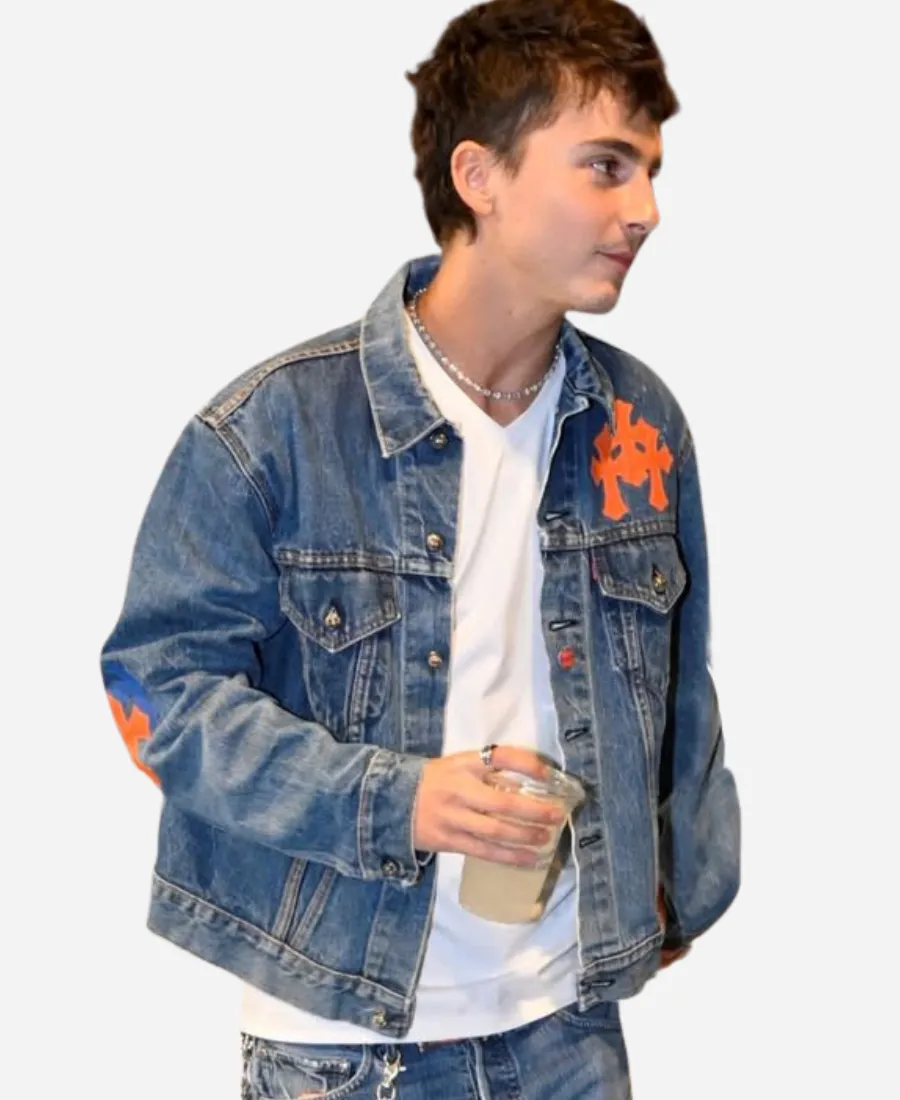 Timothee Chalamet 2026 NBA Finals Game 5 Denim Jacket Timothee Chalamet 2026 NBA Finals Knicks vs. Spurs Denim Jacket