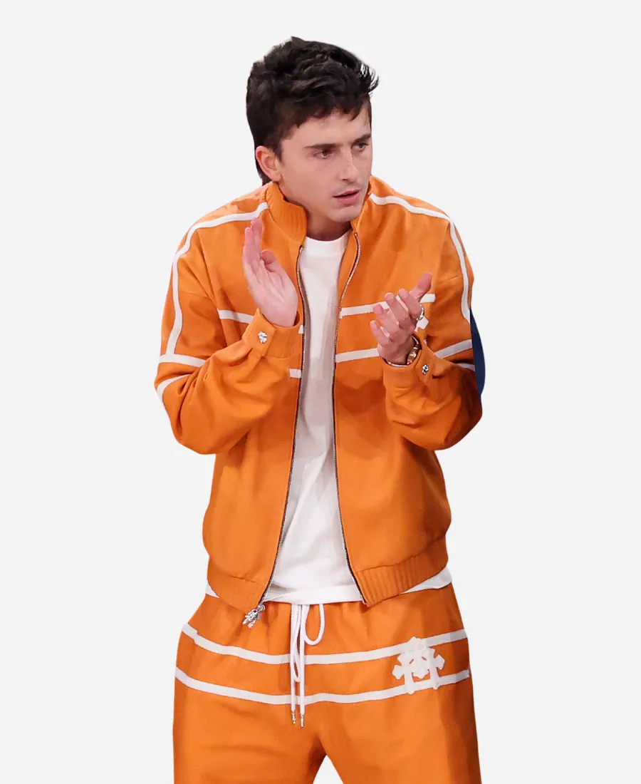 Timothee Chalamet NBA Finals Game 3 Orange Tracksuit Timothee Chalamet NBA Finals Game 3 Orange Tracksuit By Chrome Hearts