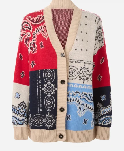 Tina Fey TV Series The Four Seasons S02 Kate Bandana Print Patchwork Cardigan