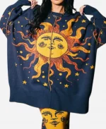 Whoopi Goldberg Golden Hour Navy Blue Sun Print Oversized Sweater