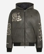 2026 Adidas Disney Mickey Mouse Where Dreams Come True Black Leather Hooded Jacket