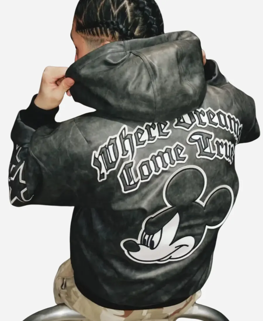 Adidas x Disney 2026 Mickey Mouse Black Leather Hooded Jacket