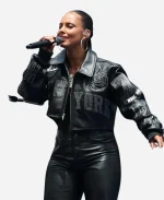 2026 NBA NY Knicks Championship Parade Alicia Keys Studded Cropped Leather Jacket