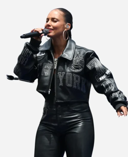 2026 NBA NY Knicks Championship Parade Alicia Keys Studded Cropped Leather Jacket