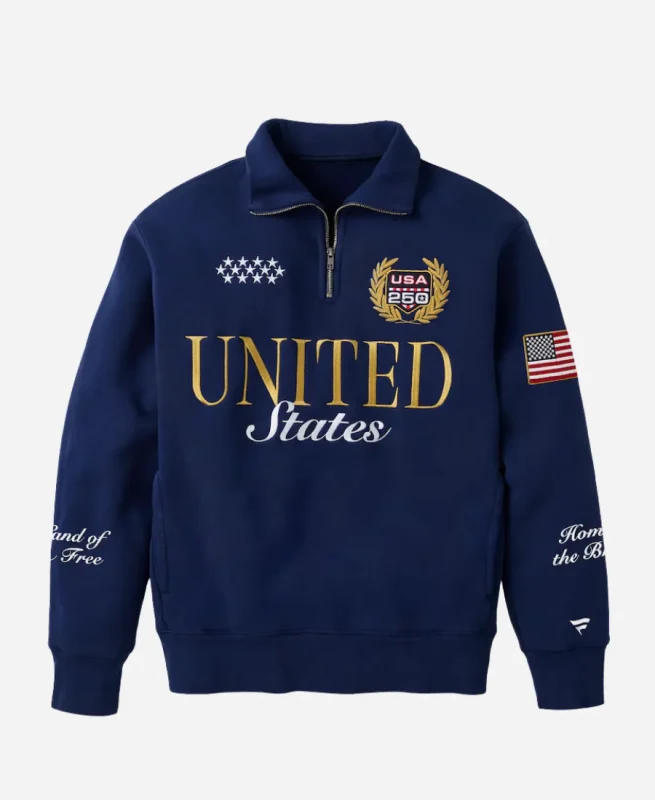 Fanatics USA 250 Limited Edition Anniversary Quarter-Zip Polo Sweatshirt Navy Blue Front View