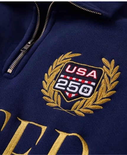 Fanatics USA 250 Limited Edition Anniversary Quarter-Zip Polo Sweatshirt Navy Blue patch Details