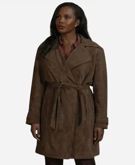 Joy Marshall 2026 Fightland S01 Deborah Ayorinde Brown Suede Leather Trench Coat