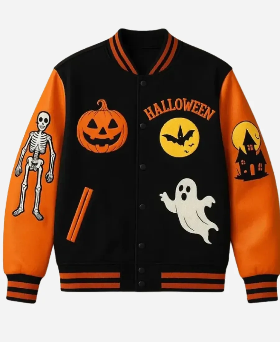 Halloween Pumpkin House Varsity Jacket Halloween Pumpkin House Skeleton Black & Orange Varsity JacketÂ