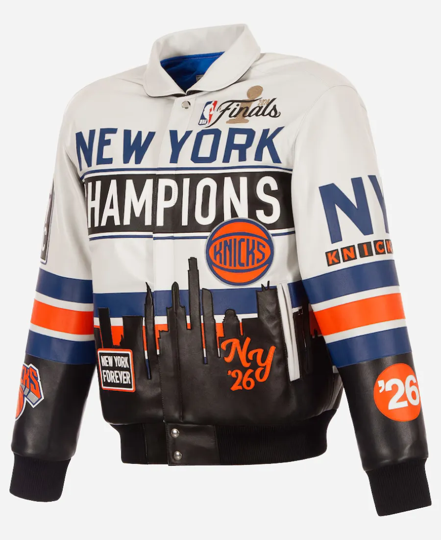 JH Design NY Knicks 2026 Champions Leather Jacket JH Design Knicks 2026 Champions White Leather Jacket
