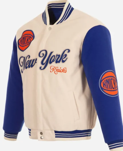  New York Knicks JH Design Cream & Royal Reversible Varsity Jacket