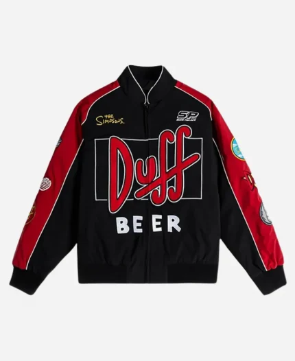 Shoe Palace x The Simpsons Black & Red Duff Man Racing Bomber Jacket Front