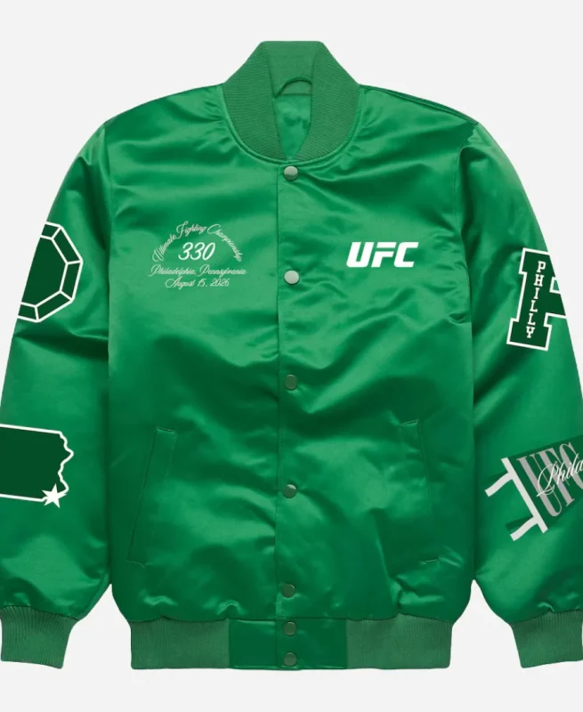 UFC 330 Philadelphia Ultimate Fighting Championship Full Snap Green Satin Bomber Jacket Front