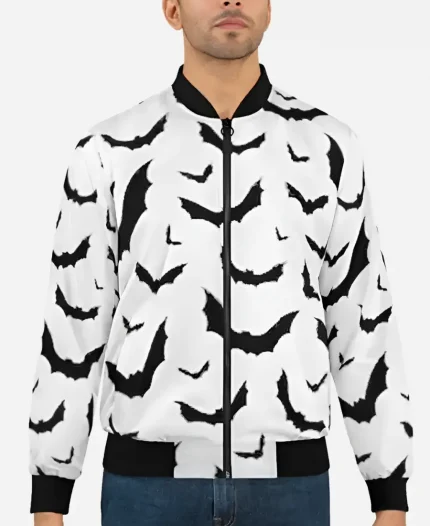 Halloween White & Black Bats Bomber Jacket