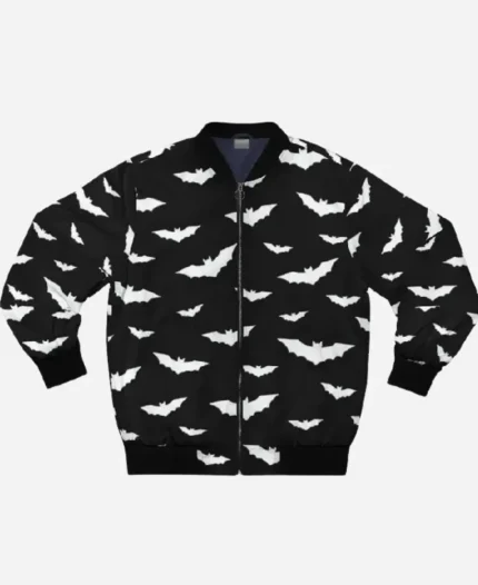 Halloween White Bats Black Printed Bomber Jacket 